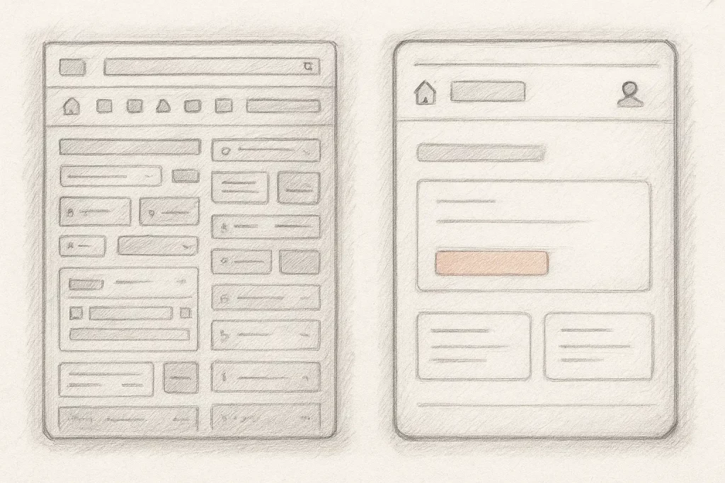 Side-by-side comparison of two interfaces — one cluttered with too many buttons, the other simplified and clear.