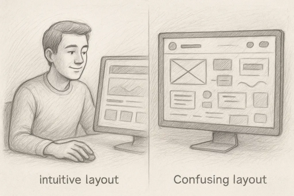 A visual metaphor of a familiar interface next to a confusing one, with a user preferring the familiar layout.